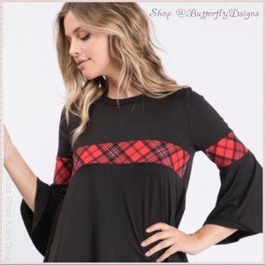 Oversized Plaid Bell Sleeve Top size small black and red plaid